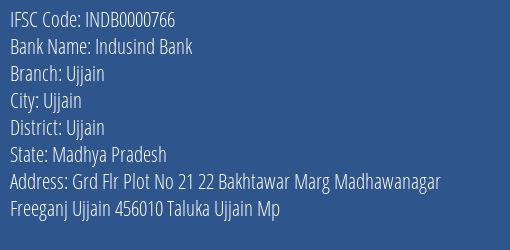 Indusind Bank Ujjain Branch, Branch Code 000766 & IFSC Code INDB0000766