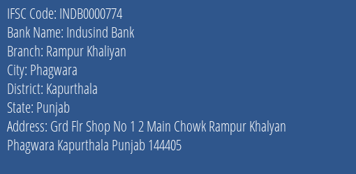 Indusind Bank Rampur Khaliyan Branch Kapurthala IFSC Code INDB0000774