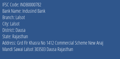 Indusind Bank Lalsot Branch, Branch Code 000782 & IFSC Code INDB0000782