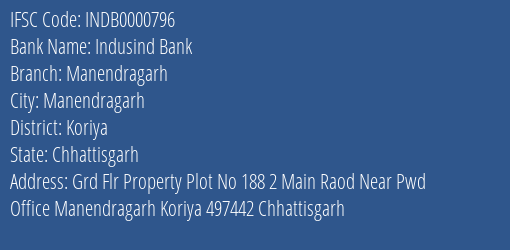 Indusind Bank Manendragarh Branch Koriya IFSC Code INDB0000796
