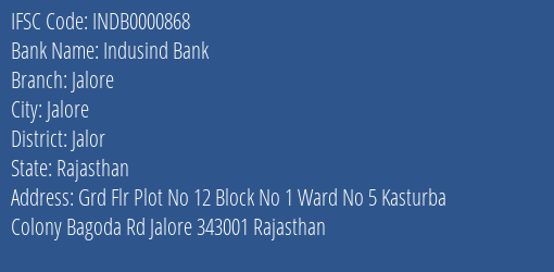 Indusind Bank Jalore Branch, Branch Code 000868 & IFSC Code Indb0000868