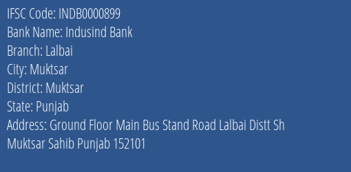 Indusind Bank Lalbai Branch Muktsar IFSC Code INDB0000899
