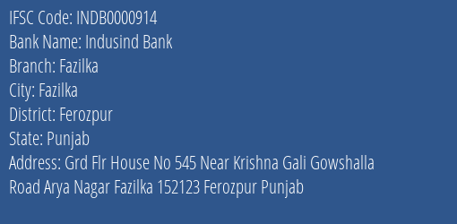 Indusind Bank Fazilka Branch Ferozpur IFSC Code INDB0000914