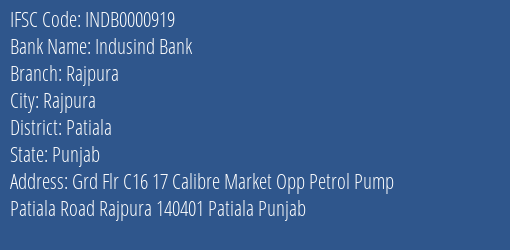 Indusind Bank Rajpura Branch Patiala IFSC Code INDB0000919