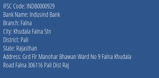 Indusind Bank Falna Branch, Branch Code 000929 & IFSC Code Indb0000929
