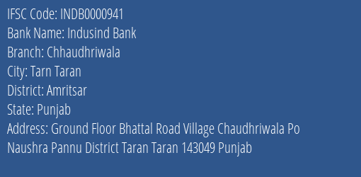 Indusind Bank Chhaudhriwala Branch Amritsar IFSC Code INDB0000941