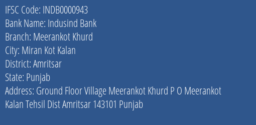 Indusind Bank Meerankot Khurd Branch Amritsar IFSC Code INDB0000943