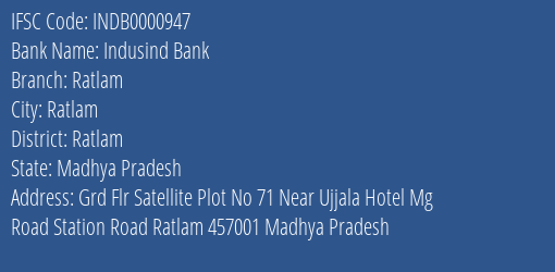 Indusind Bank Ratlam Branch Ratlam IFSC Code INDB0000947