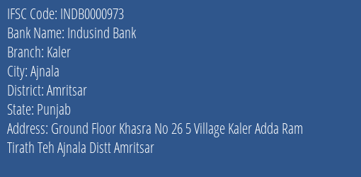 Indusind Bank Kaler Branch Amritsar IFSC Code INDB0000973