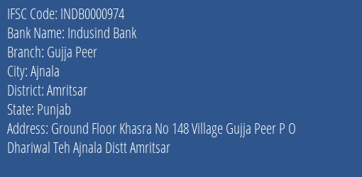 Indusind Bank Gujja Peer Branch Amritsar IFSC Code INDB0000974