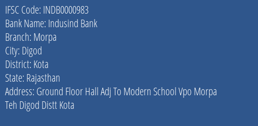 Indusind Bank Morpa Branch, Branch Code 000983 & IFSC Code Indb0000983