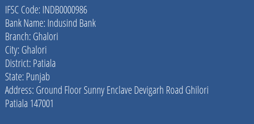 Indusind Bank Ghalori Branch Patiala IFSC Code INDB0000986