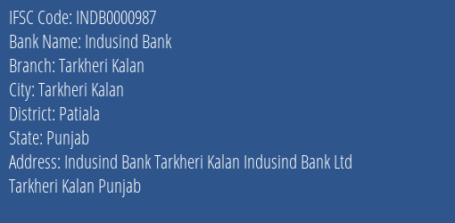 Indusind Bank Tarkheri Kalan Branch Patiala IFSC Code INDB0000987