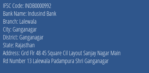 Indusind Bank Lalewala Branch, Branch Code 000992 & IFSC Code Indb0000992