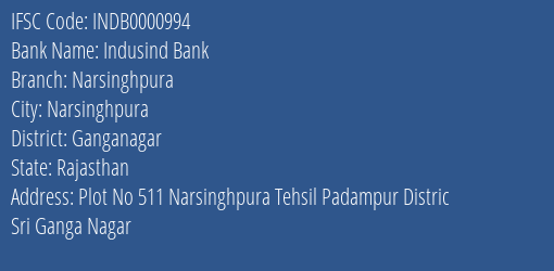 Indusind Bank Narsinghpura Branch, Branch Code 000994 & IFSC Code Indb0000994