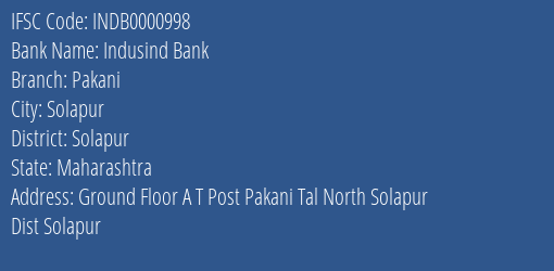 Indusind Bank Pakani Branch, Branch Code 000998 & IFSC Code Indb0000998