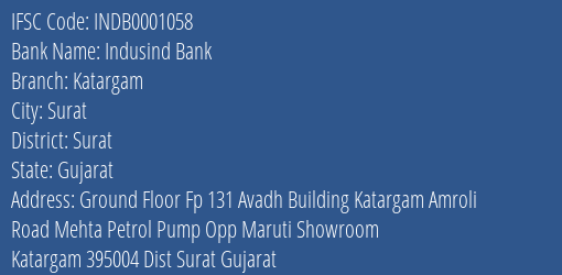 Indusind Bank Katargam Branch Surat IFSC Code INDB0001058