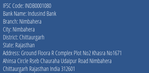 Indusind Bank Nimbahera Branch, Branch Code 001080 & IFSC Code Indb0001080