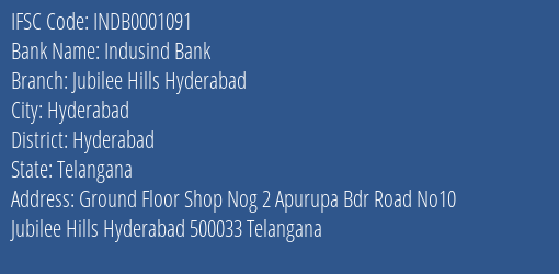 Indusind Bank Jubilee Hills Hyderabad Branch, Branch Code 001091 & IFSC Code Indb0001091