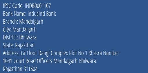 Indusind Bank Mandalgarh Branch, Branch Code 001107 & IFSC Code Indb0001107