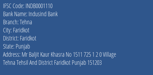 Indusind Bank Tehna Branch Faridkot IFSC Code INDB0001110