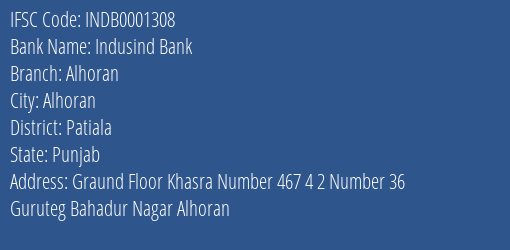 Indusind Bank Alhoran Branch Patiala IFSC Code INDB0001308