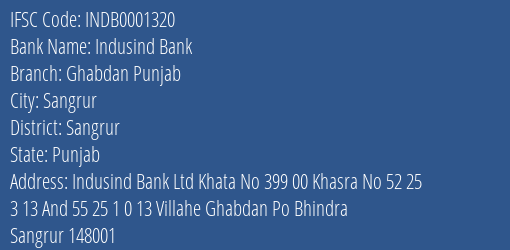 Indusind Bank Ghabdan Punjab Branch Sangrur IFSC Code INDB0001320