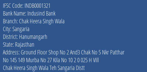 Indusind Bank Chak Heera Singh Wala Branch, Branch Code 001321 & IFSC Code Indb0001321