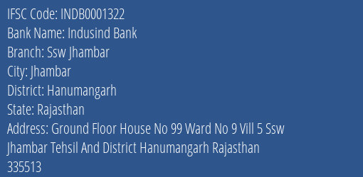 Indusind Bank Ssw Jhambar Branch, Branch Code 001322 & IFSC Code Indb0001322