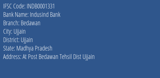 Indusind Bank Bedawan Branch, Branch Code 001331 & IFSC Code Indb0001331