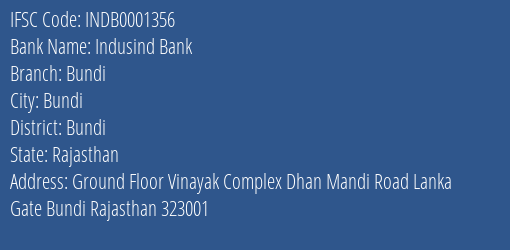 Indusind Bank Bundi Branch, Branch Code 001356 & IFSC Code Indb0001356