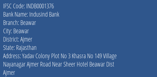 Indusind Bank Beawar Branch, Branch Code 001376 & IFSC Code Indb0001376