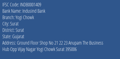 Indusind Bank Yogi Chowk Branch Surat IFSC Code INDB0001409