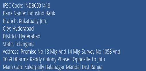 Indusind Bank Kukatpally Jntu Branch, Branch Code 001418 & IFSC Code Indb0001418