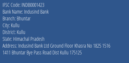 Indusind Bank Bhuntar Branch Kullu IFSC Code INDB0001423