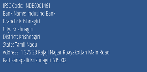 Indusind Bank Krishnagiri Branch, Branch Code 001461 & IFSC Code INDB0001461