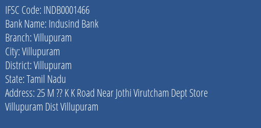 Indusind Bank Villupuram Branch Villupuram IFSC Code INDB0001466