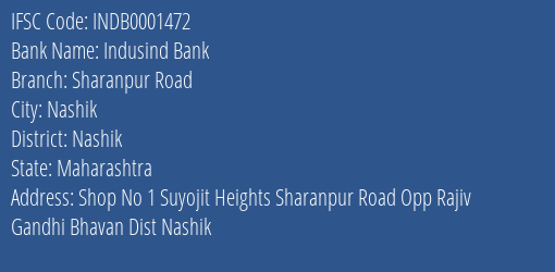 Indusind Bank Sharanpur Road Branch, Branch Code 001472 & IFSC Code Indb0001472