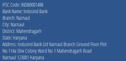 Indusind Bank Narnaul Branch Mahendragarh IFSC Code INDB0001488