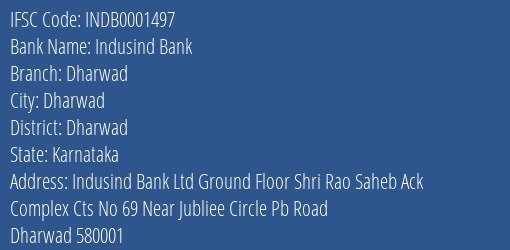Indusind Bank Dharwad Branch Dharwad IFSC Code INDB0001497