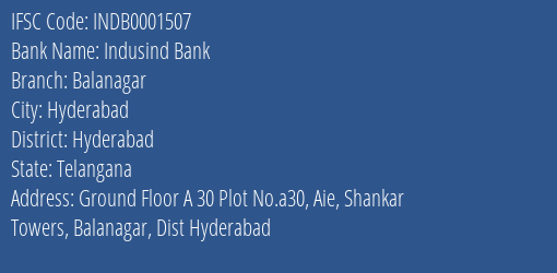 Indusind Bank Balanagar Branch, Branch Code 001507 & IFSC Code Indb0001507