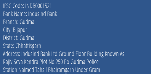 Indusind Bank Gudma Branch Gudma IFSC Code INDB0001521