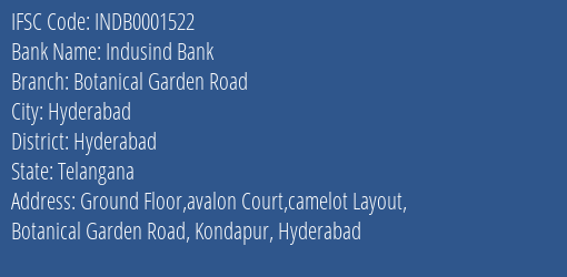 Indusind Bank Botanical Garden Road Branch Hyderabad IFSC Code INDB0001522