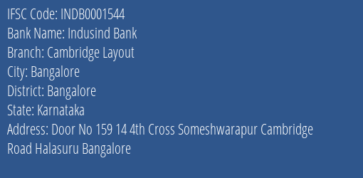 Indusind Bank Cambridge Layout Branch Bangalore IFSC Code INDB0001544