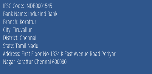 Indusind Bank Korattur Branch Chennai IFSC Code INDB0001545