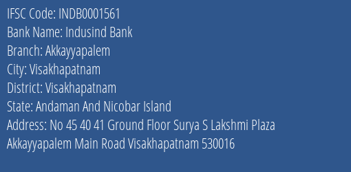 Indusind Bank Akkayyapalem Branch Visakhapatnam IFSC Code INDB0001561