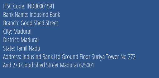 Indusind Bank Good Shed Street Branch Madurai IFSC Code INDB0001591