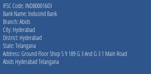 Indusind Bank Abids Branch, Branch Code 001603 & IFSC Code Indb0001603