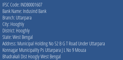 Indusind Bank Uttarpara Branch Hooghly IFSC Code INDB0001607