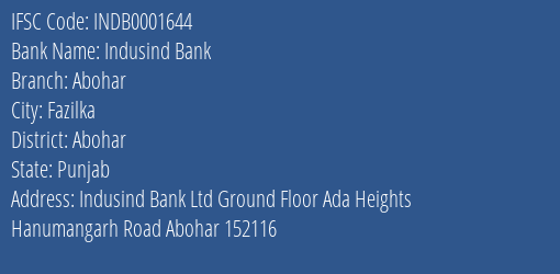 Indusind Bank Abohar Branch Abohar IFSC Code INDB0001644